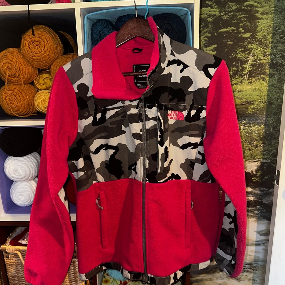 The North Face Womens Red and Gray Camo Puffer Jacket